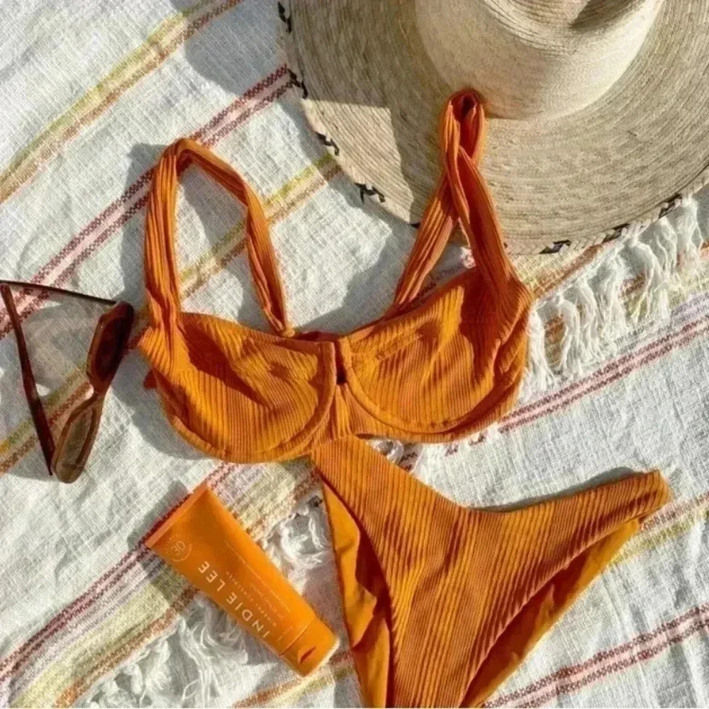 L*Space Bikini Camellia Top Pointelle ribbed bikini top in mustard size s